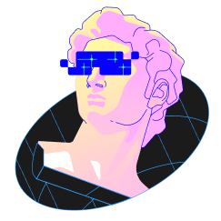 Human face with a blue glass